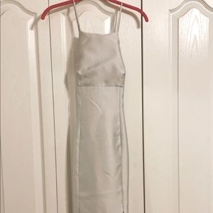 Shiny Silver High Square Neck Strappy Back Formal Midi Dress